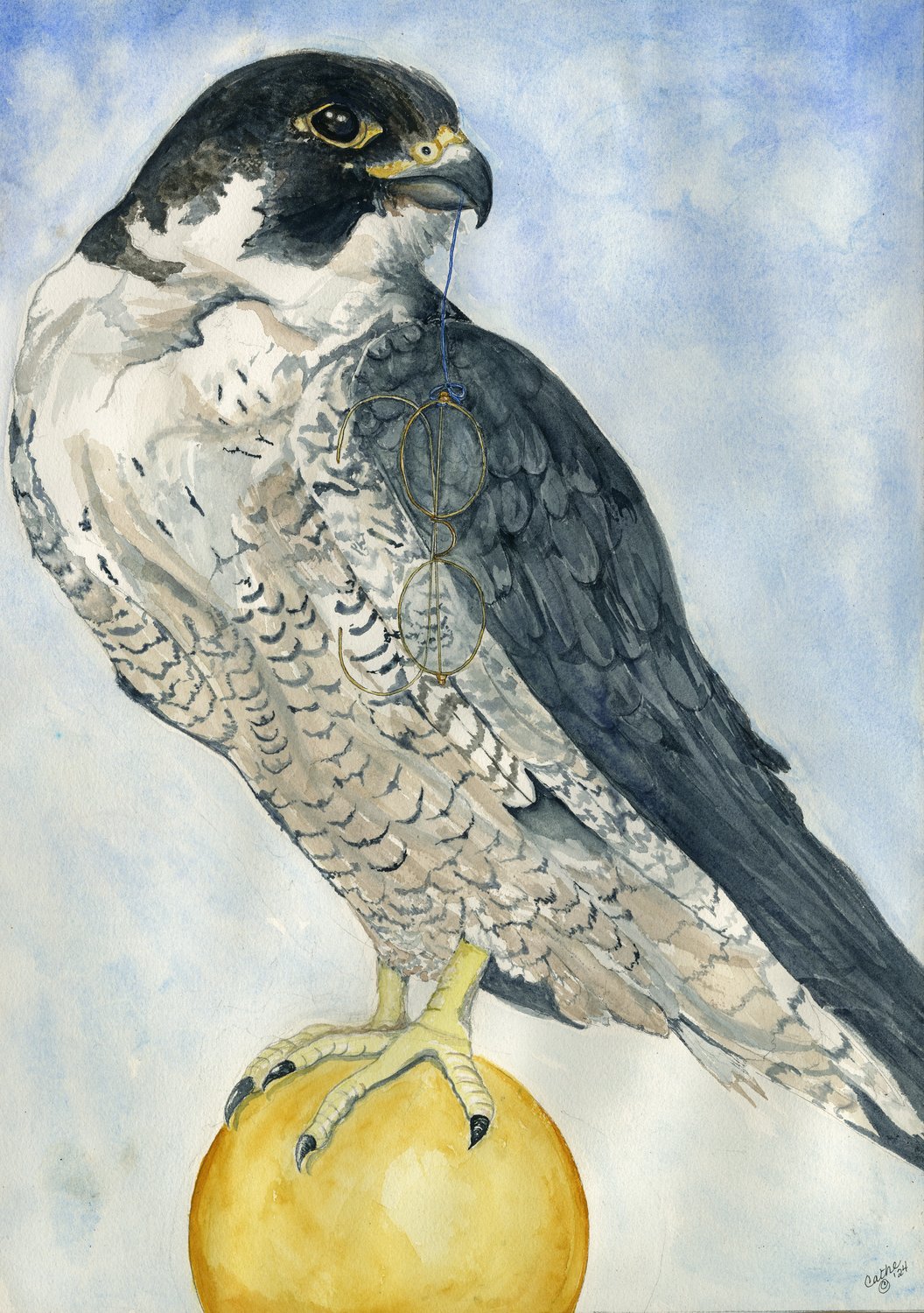 Watercolor of a peregrine falcon perched on a glowing golden orb, holding a pair of antique spectacles dangling from a string in its beak, against a soft blue sky