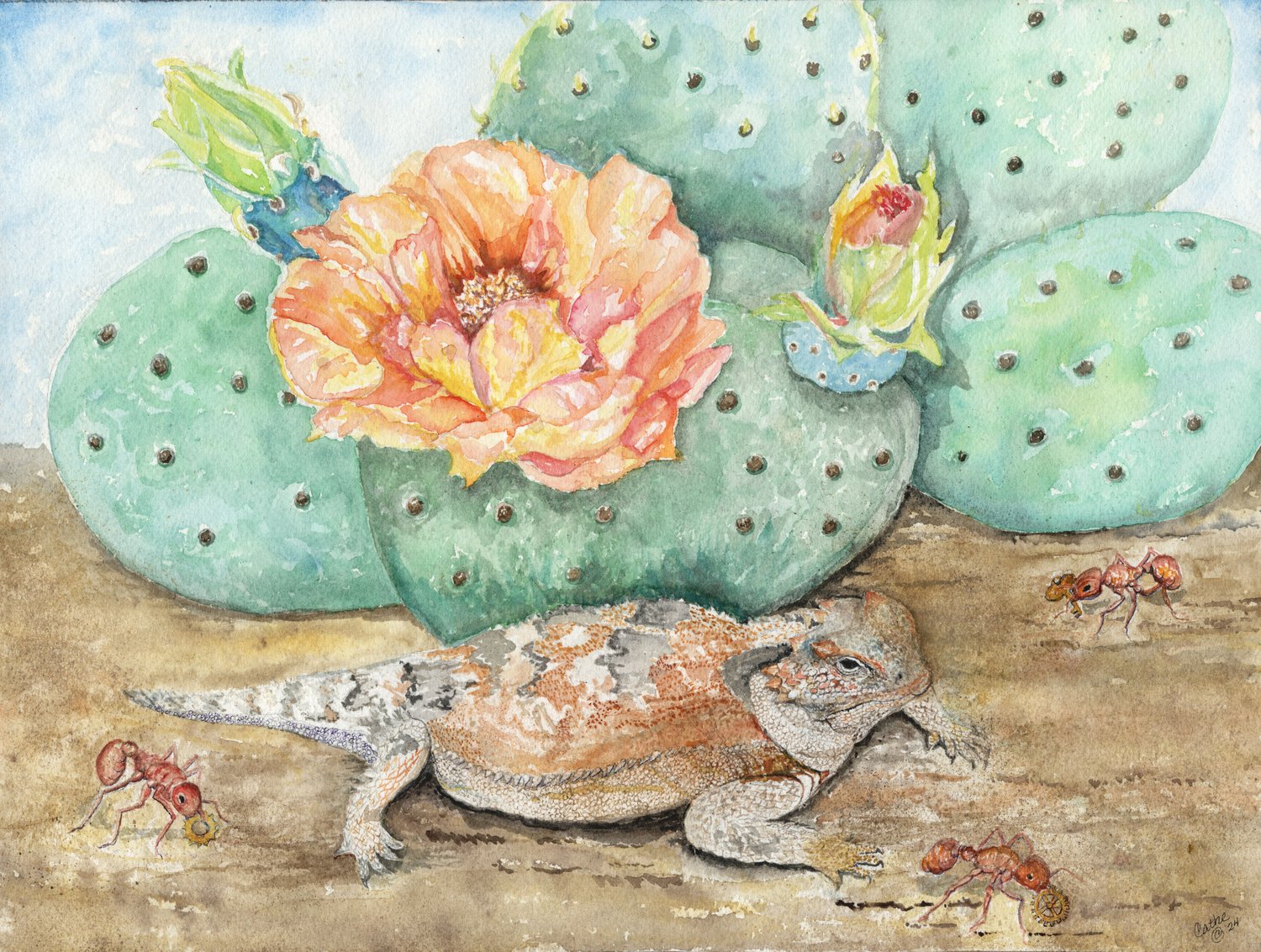 Watercolor of a horned lizard resting on desert ground beneath a blooming prickly pear cactus, with red ants nearby carrying tiny gears