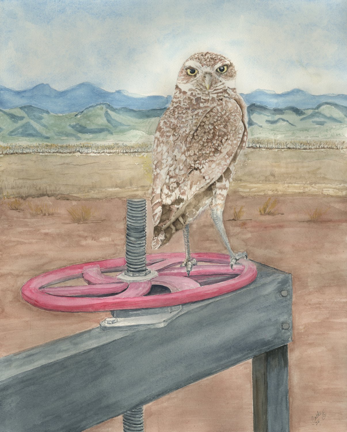 Watercolor of a burrowing owl perched on a red irrigation headgate wheel, with a desert landscape and distant mountains behind