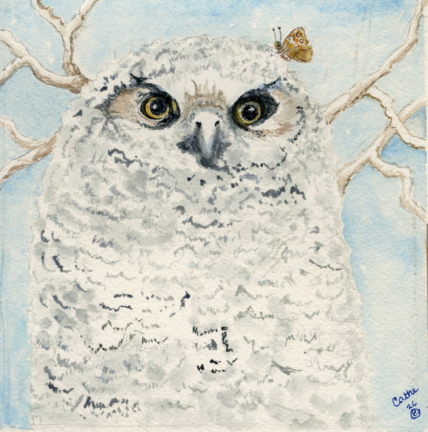 Watercolor of a fluffy great horned owlet with golden eyes and a small butterfly perched on its head, among bare branches against a pale blue sky