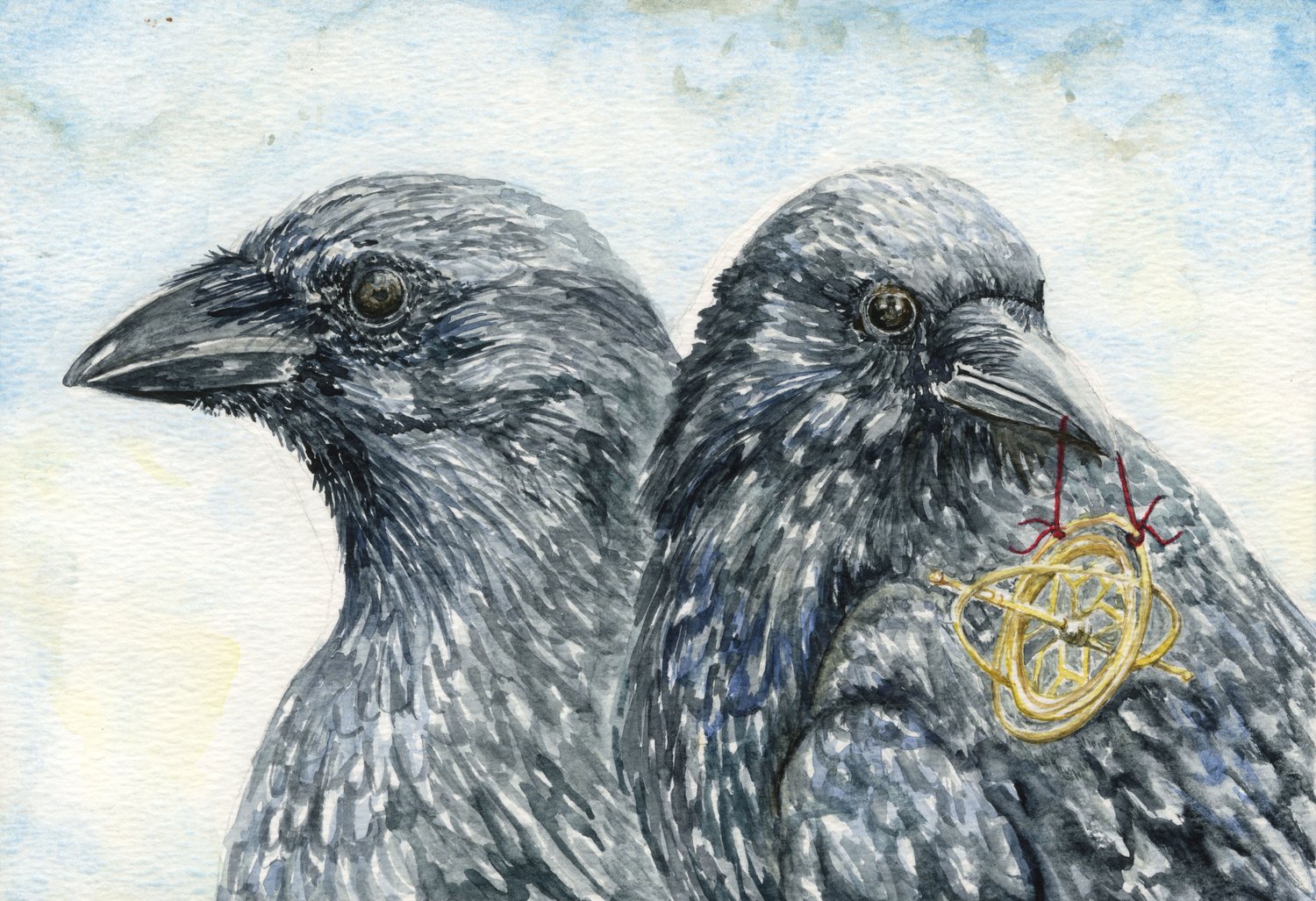 Watercolor of two crows close together, one holding a small golden gyroscope tied with red string in its beak, against a soft blue sky