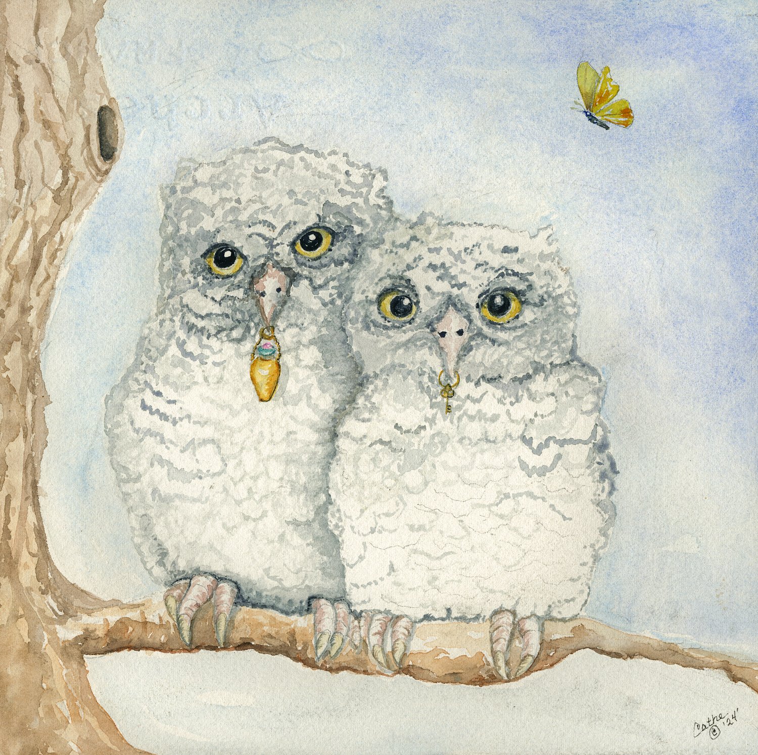 Watercolor of two fluffy owlets perched together on a branch, one holding a jeweled pendant and the other a tiny key in their beaks, with a yellow butterfly nearby