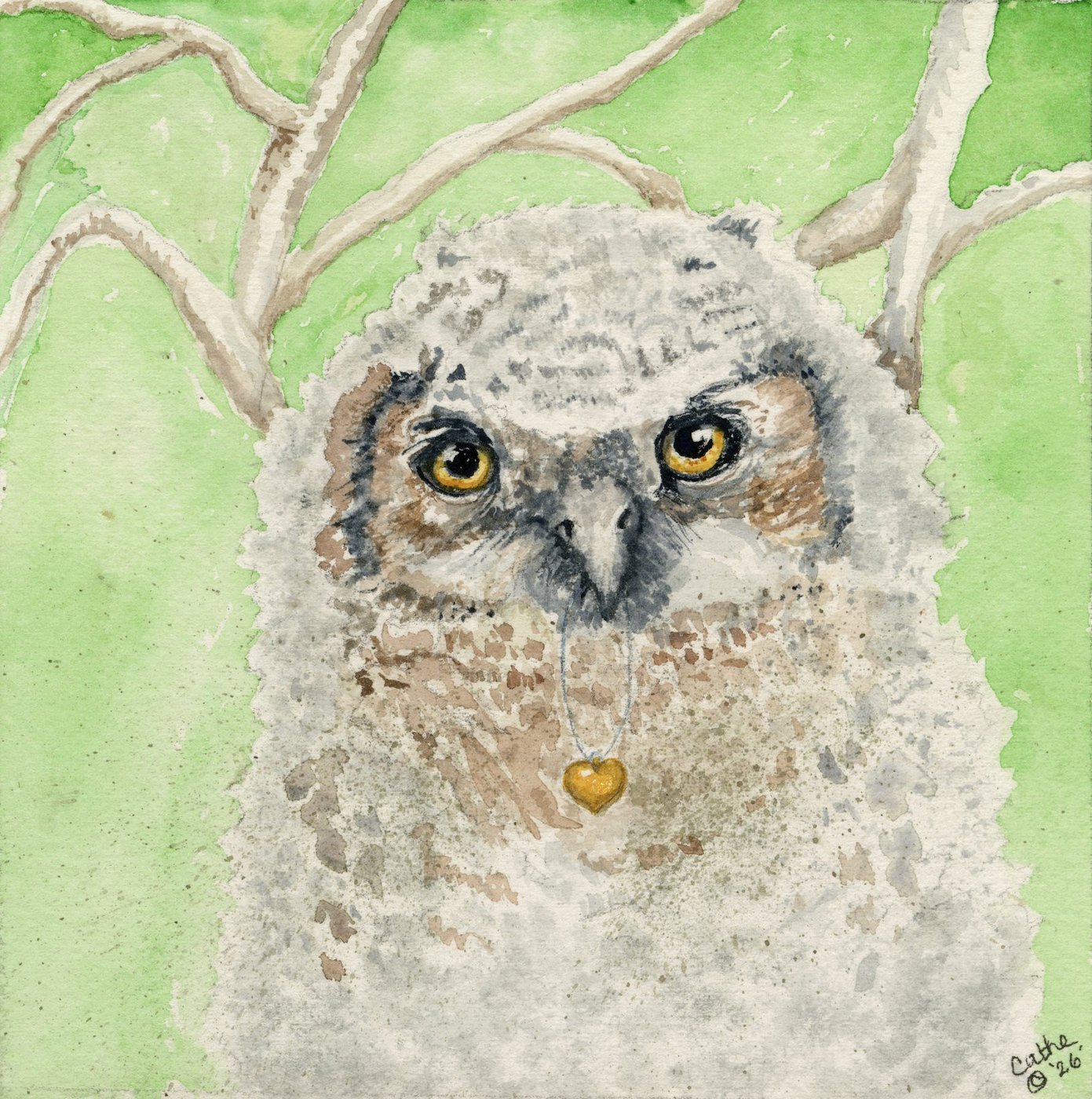 Watercolor of a fluffy great horned owlet with golden eyes holding a fine chain with a small gold heart locket in its beak, among bare branches against a green background