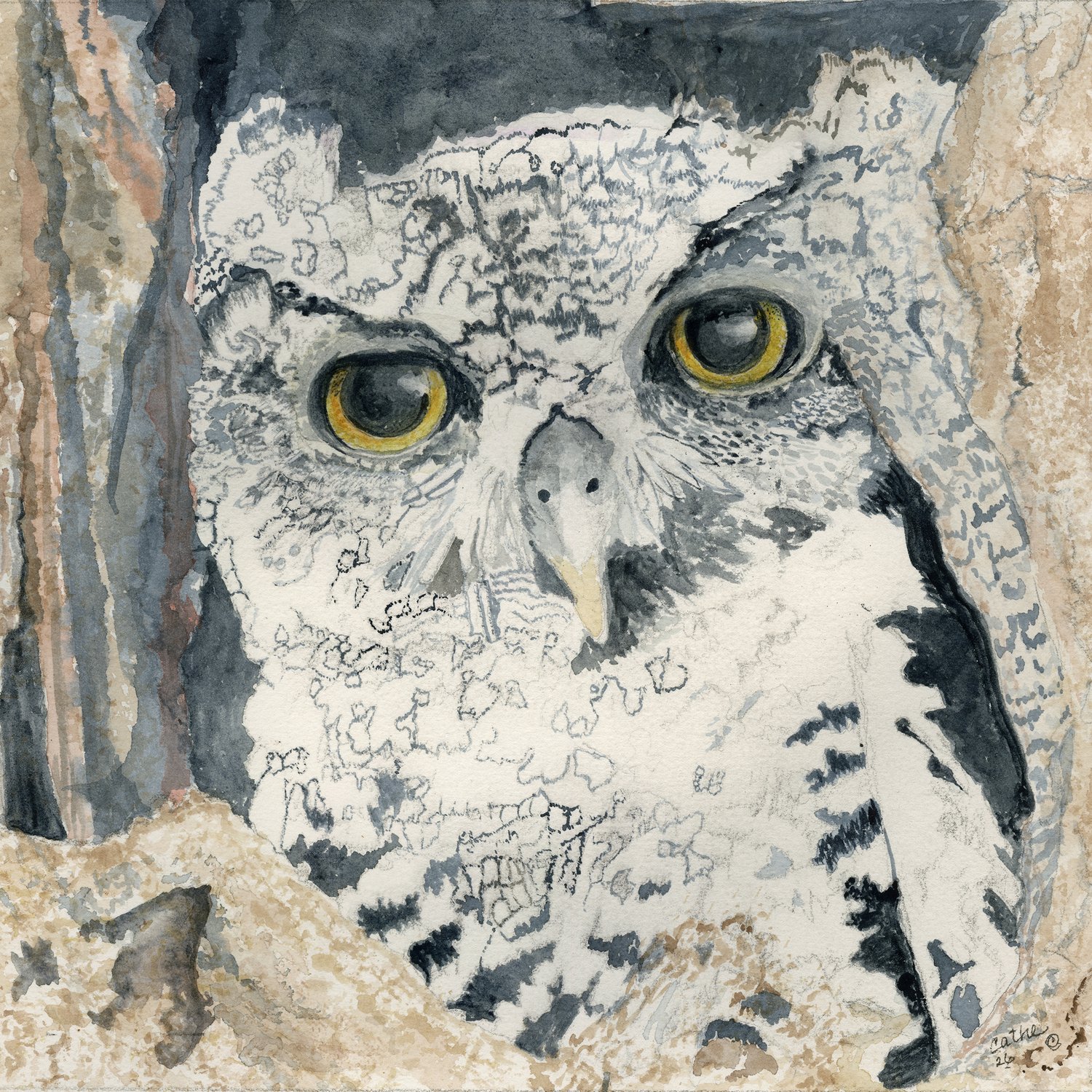 Watercolor close-up of an owl with large golden eyes nestled in a tree hollow