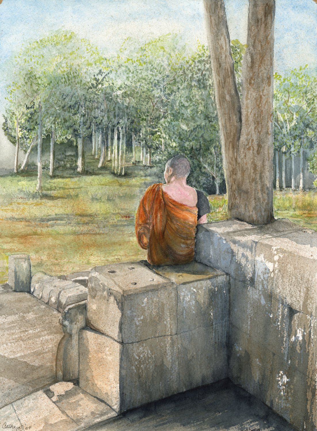 Watercolor of a robed Buddhist monk seen from behind, seated on weathered stone ruins and gazing out toward a sunlit grove of trees