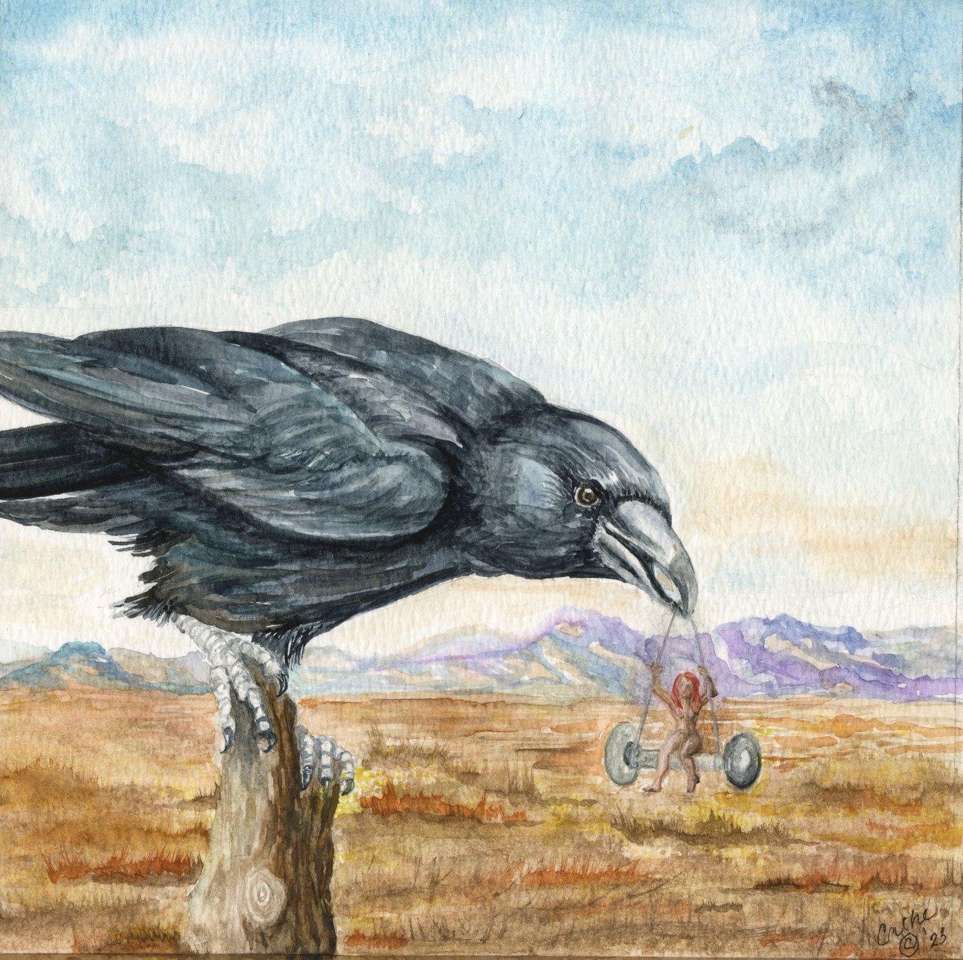 Watercolor of a large raven perched on a post in a desert landscape, holding the ropes of a small swing in its beak while a red-haired figure swings below