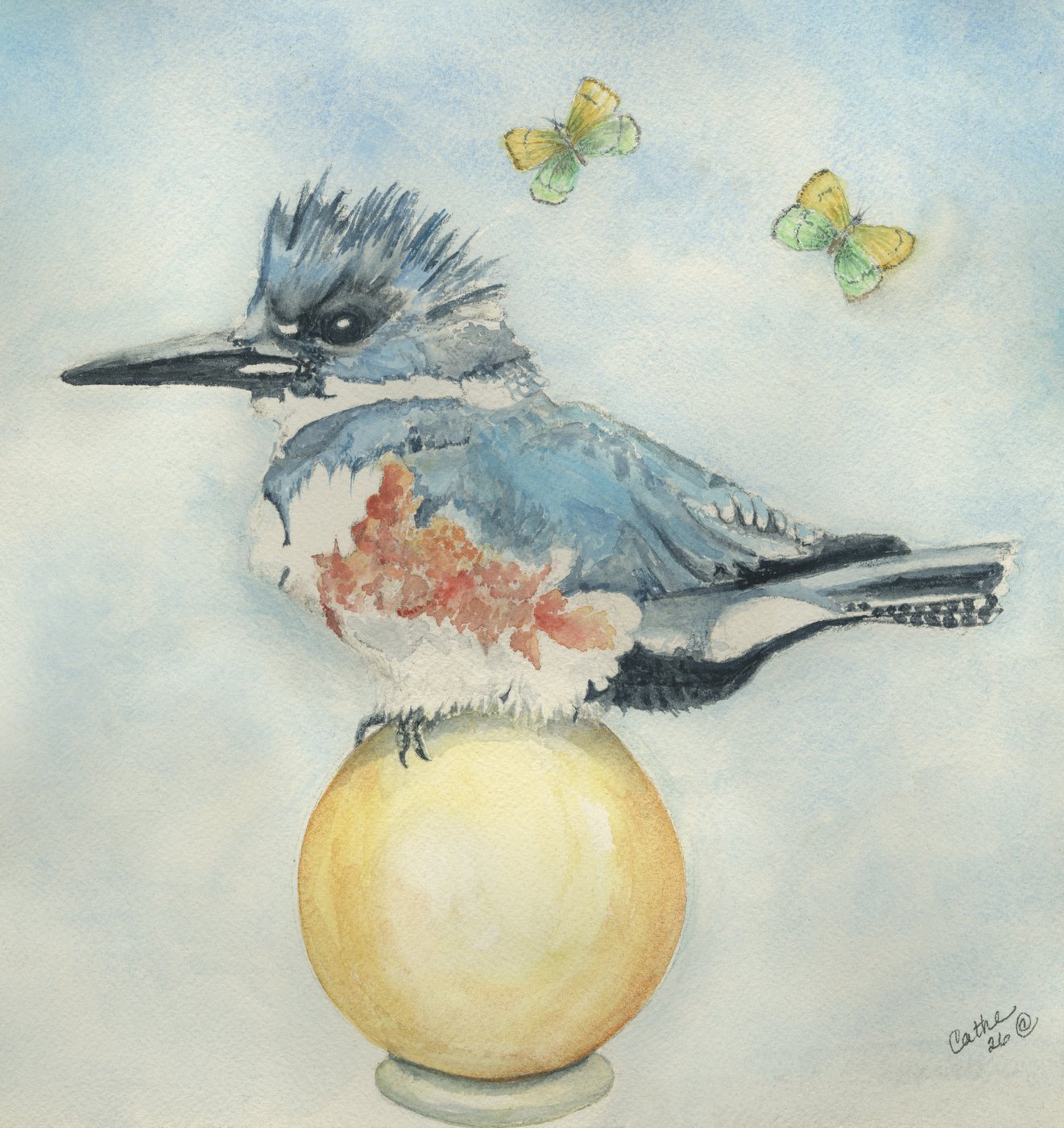 Watercolor of a belted kingfisher perched on a golden orb with two yellow-green butterflies fluttering nearby, against a soft blue sky