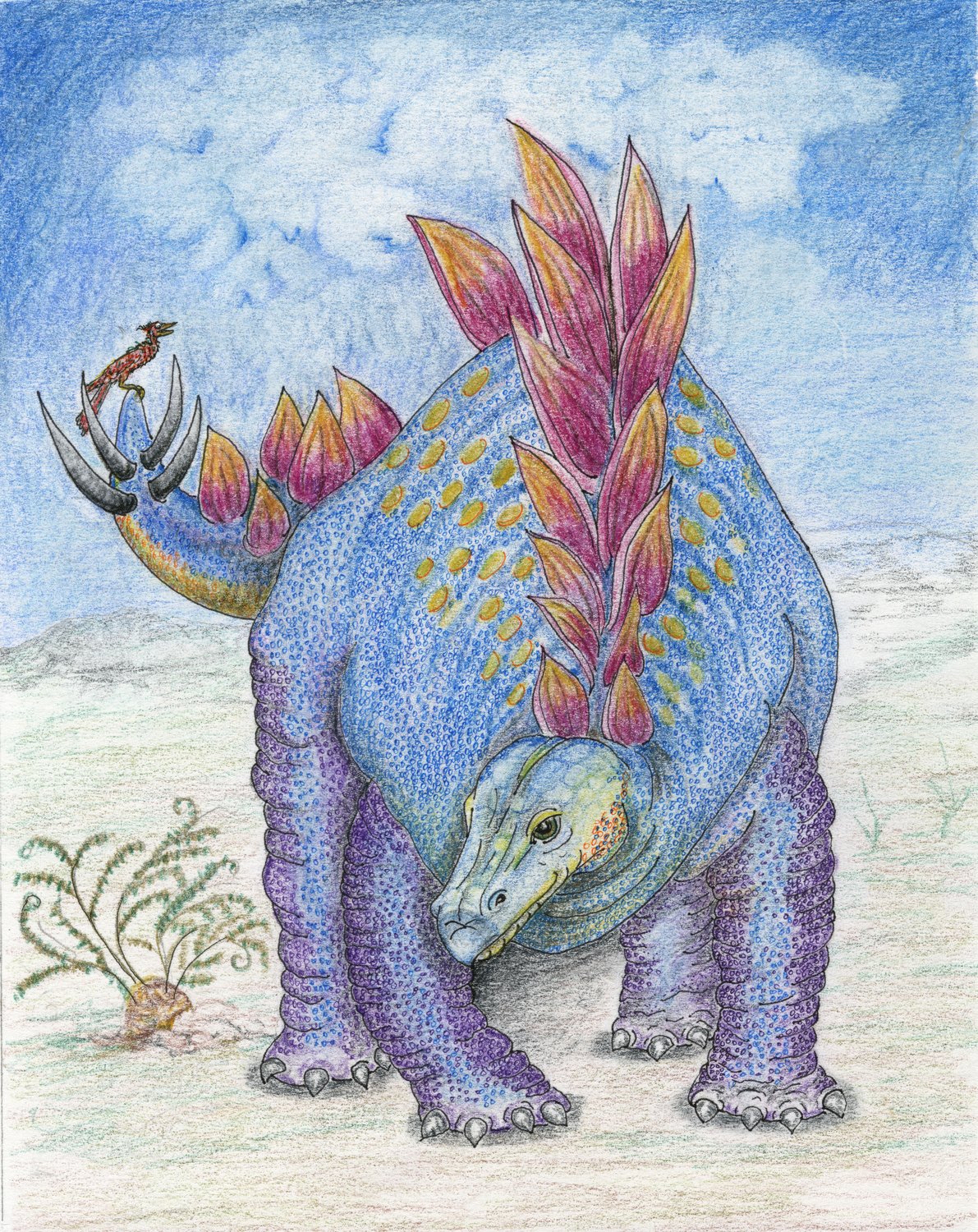 Mixed-media drawing of a colorful stylized stegosaurus in a desert landscape, with a small bird perched on its tail spikes
