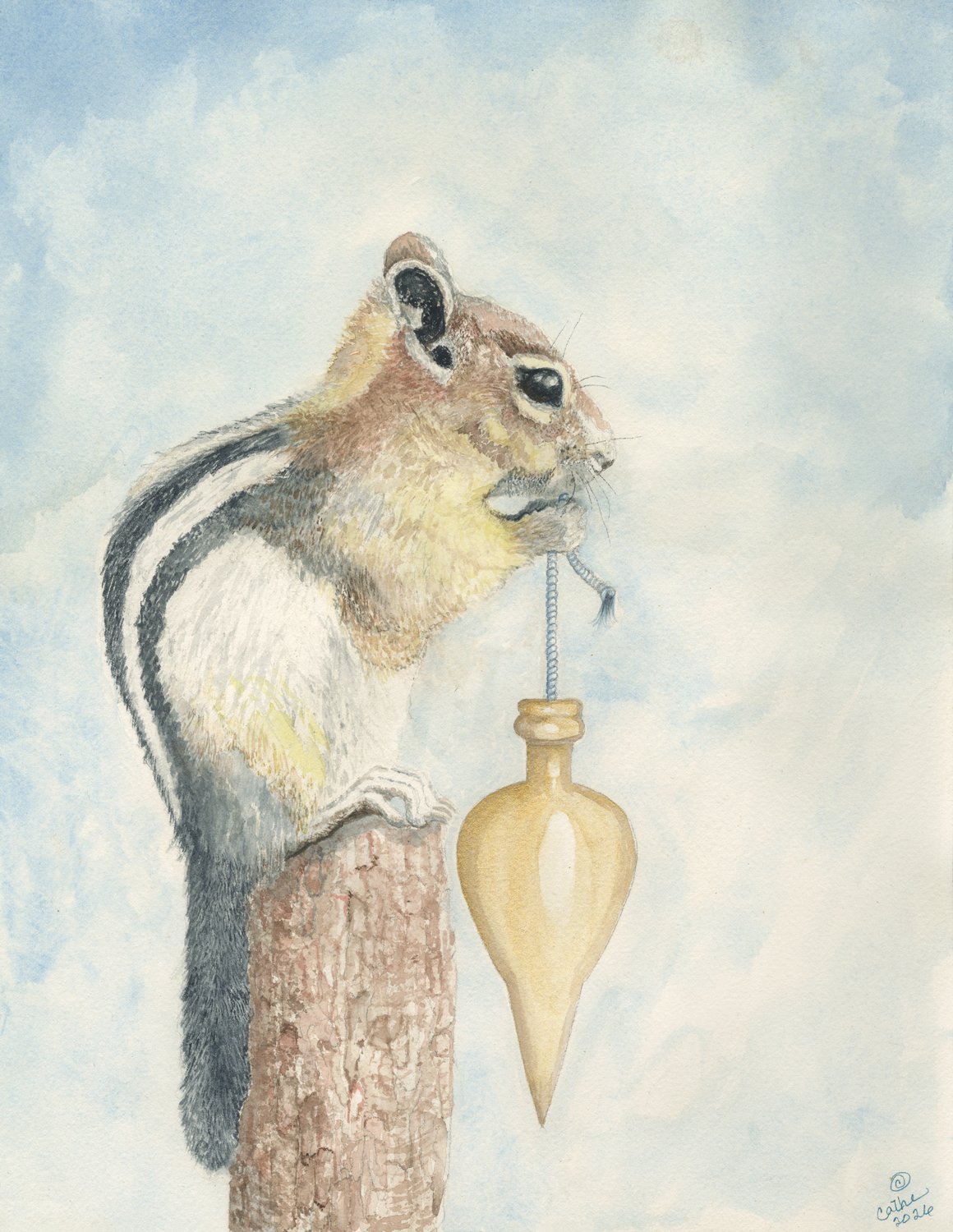 Watercolor of a chipmunk perched on a wooden post, holding a brass plumb bob on a string, against a soft blue sky