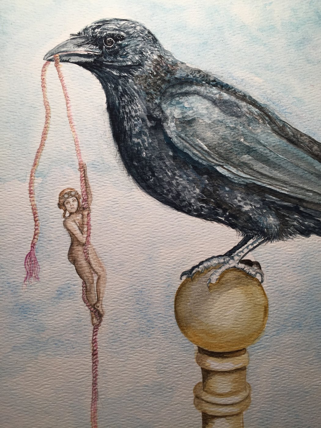 Watercolor of a large black crow perched on a golden finial, holding a long beaded cord in its beak while a small human figure in an aviator's cap climbs the cord, against a pale sky