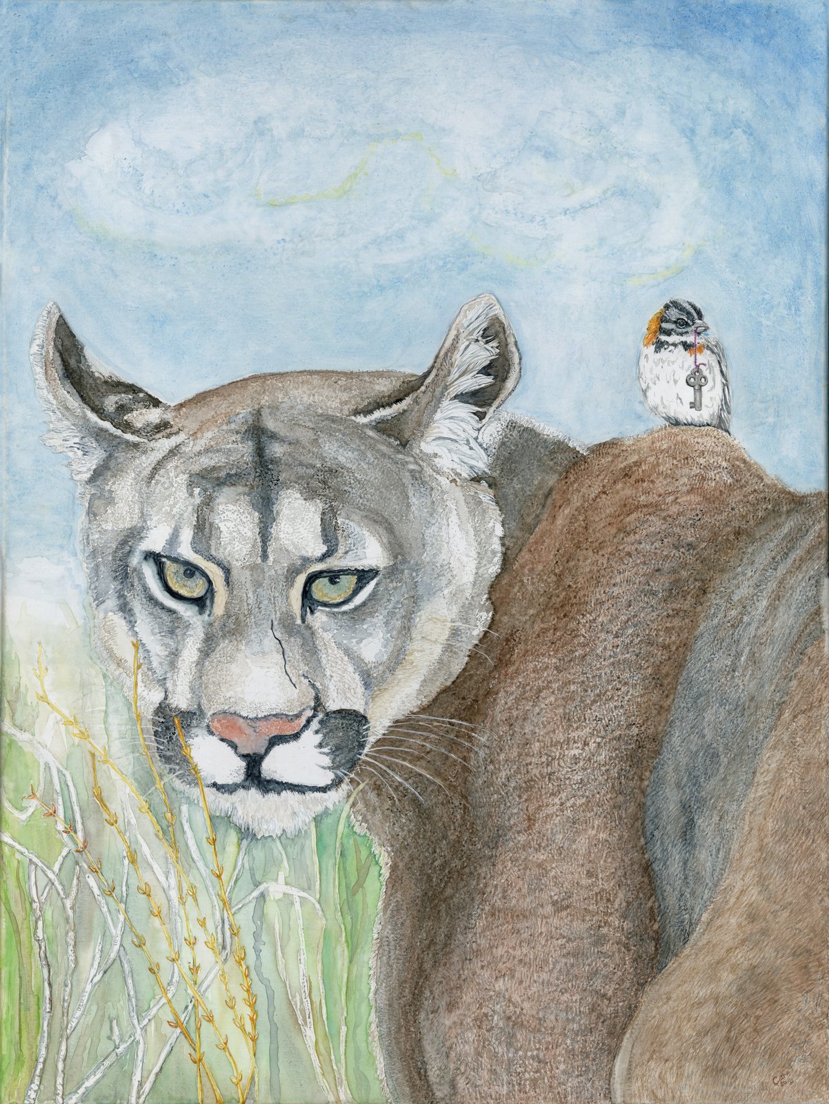 Watercolor of a mountain lion in close-up with a small sparrow perched on its back holding a tiny key in its beak, against a soft blue sky
