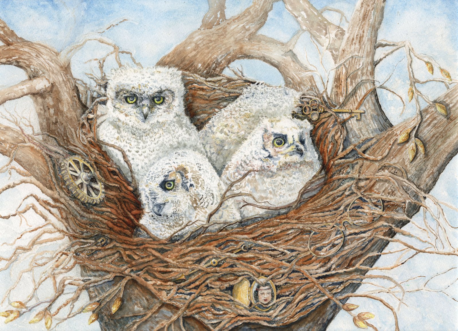 Watercolor of three fluffy great horned owlets nestled together in a large stick nest high in a bare tree, with a brass key, gears, and small trinkets woven into the nest, against a pale blue sky