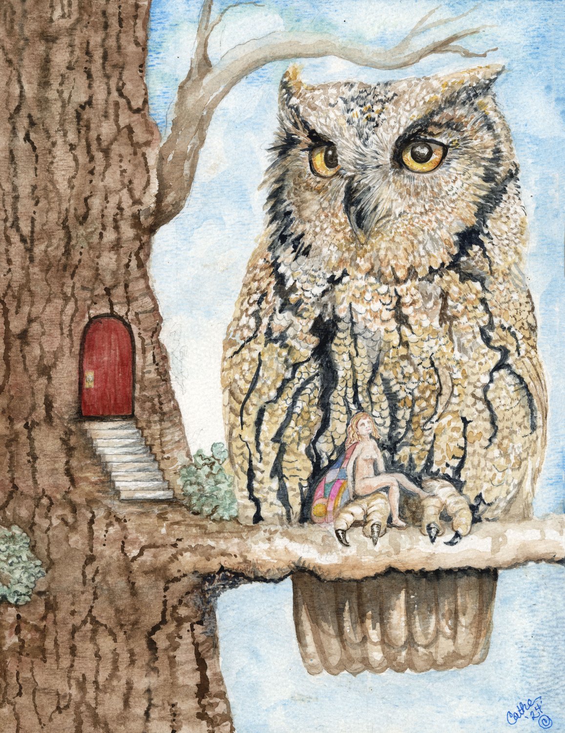 Watercolor of a large great horned owl perched on a branch beside a tree trunk with a tiny red door and stone steps, a small winged figure resting on the owl's talons