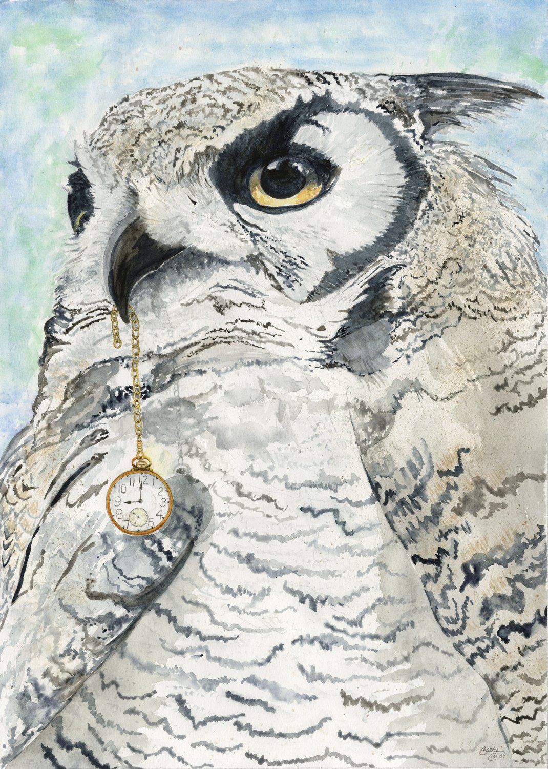 Watercolor close-up of a great horned owl holding a gold pocket watch on a chain in its beak, against a soft blue-green sky